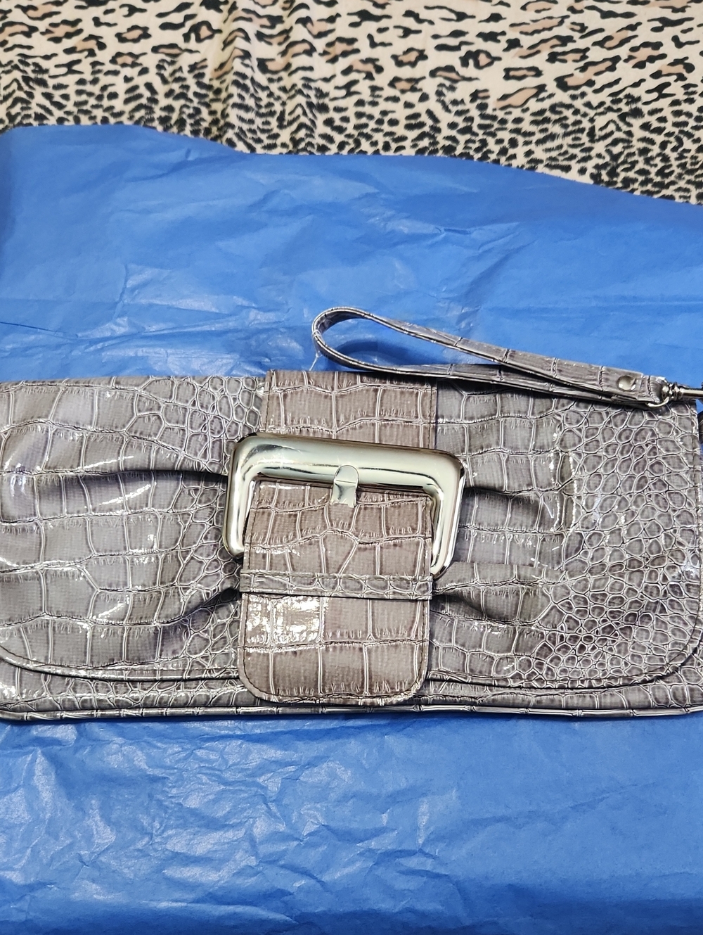 Faux Croc-Embossed Gray Wristlet Clutch with Silver Buckle